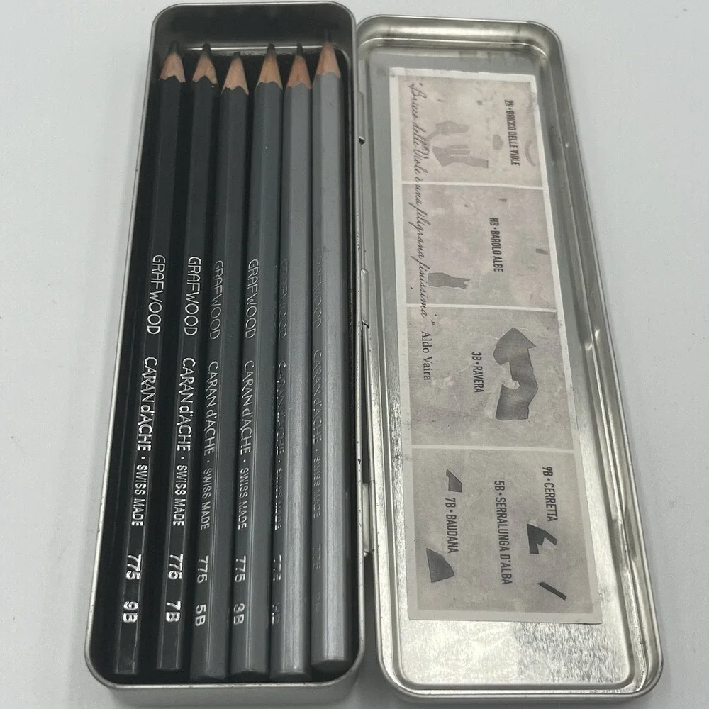 Caran D'ache Metal Box New Grafwood Drawing Pencils Set of 6 -2H HB 3B 5B 7B 9B